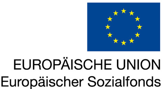 EU-Logo mit EU- und ESF-Schriftzug rechtsbündig unter der Fahne